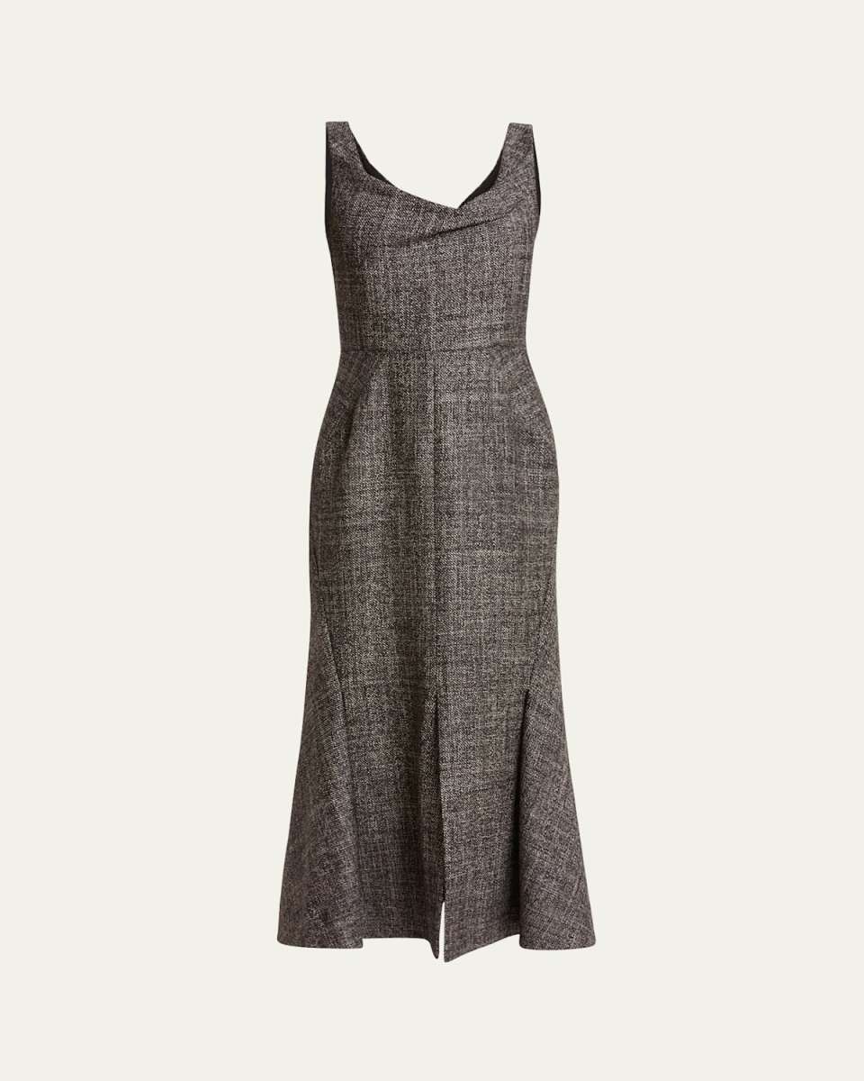 Draped Neckline Pencil Wool Midi Dress